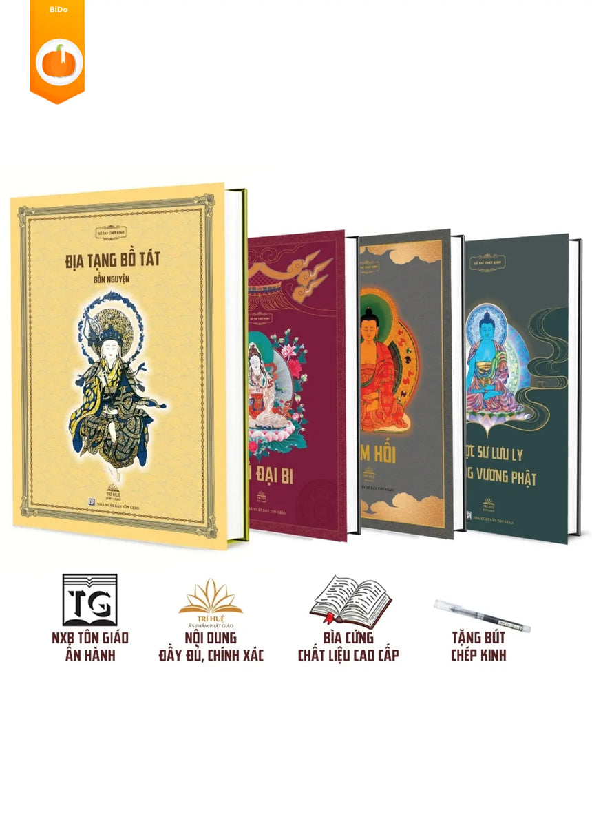 Bộ 4 cuốn Sổ Tay Chép Kinh (nét chữ in mờ, tặng kèm bút chép kinh) Bido - Tiệm Sách Việt tại Australia